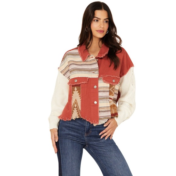 Miss Me Jackets & Blazers - NWT Miss Me Brick‎ Red Patchwork Knit Sleeve Cropped Denim Shacket Womens Size M